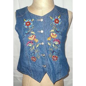 Vintage Copper Key Girls Beaded Floral Embroidery Denim Vest L 100% Cotton Y2K R